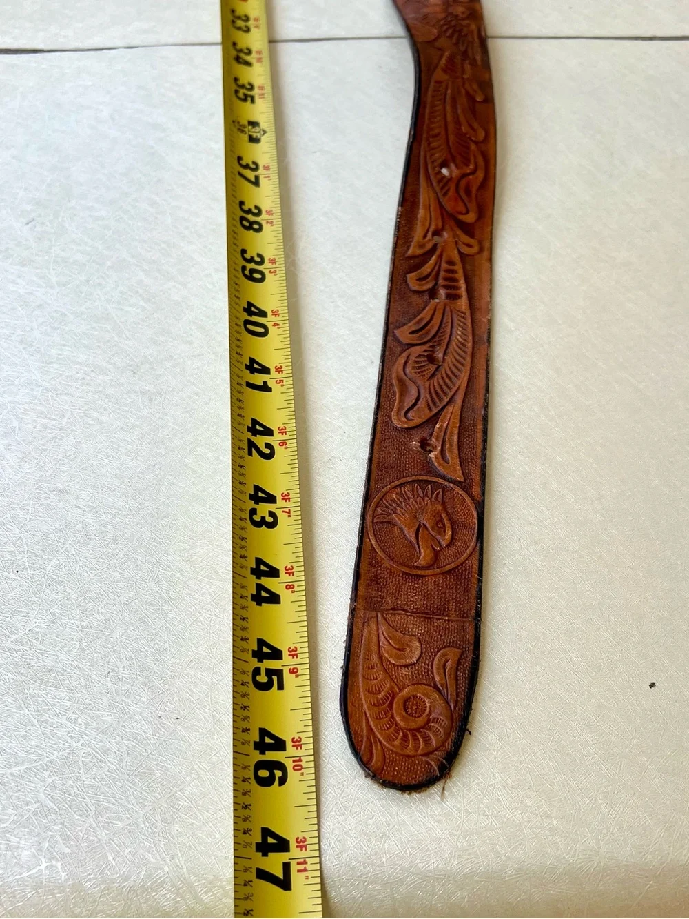 Hand-Tooled Brown Leather Men’s Belt with Native Chief Buckle